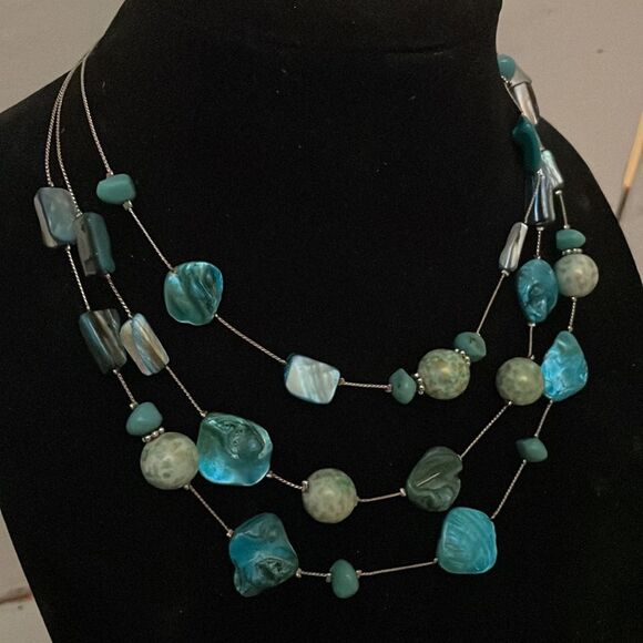 New York & Co. silver tone triple strand-shortest 17”-turquoise tone necklace - Picture 5 of 12